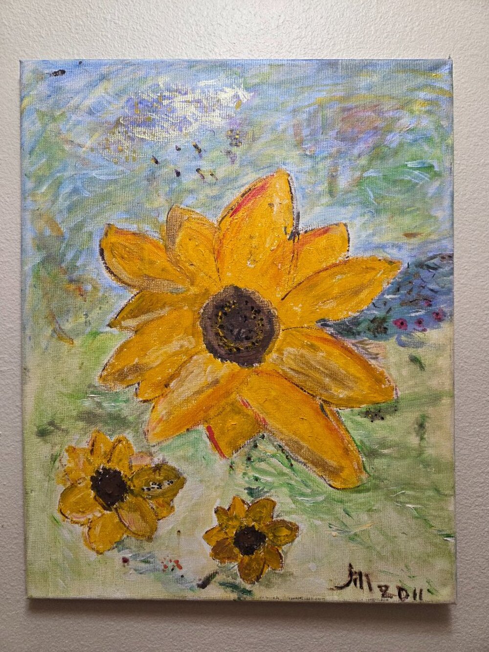 Original, hand-painted canvas artwork featuring yellow sunflowers signed 16x20